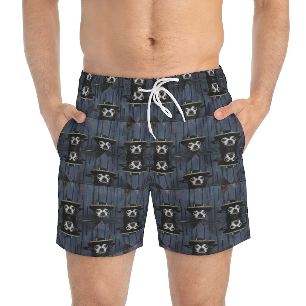 Chihuahua Dachshund Chiweenie with Sherpa and Black Hat Design Printed Men's Swim Trunks