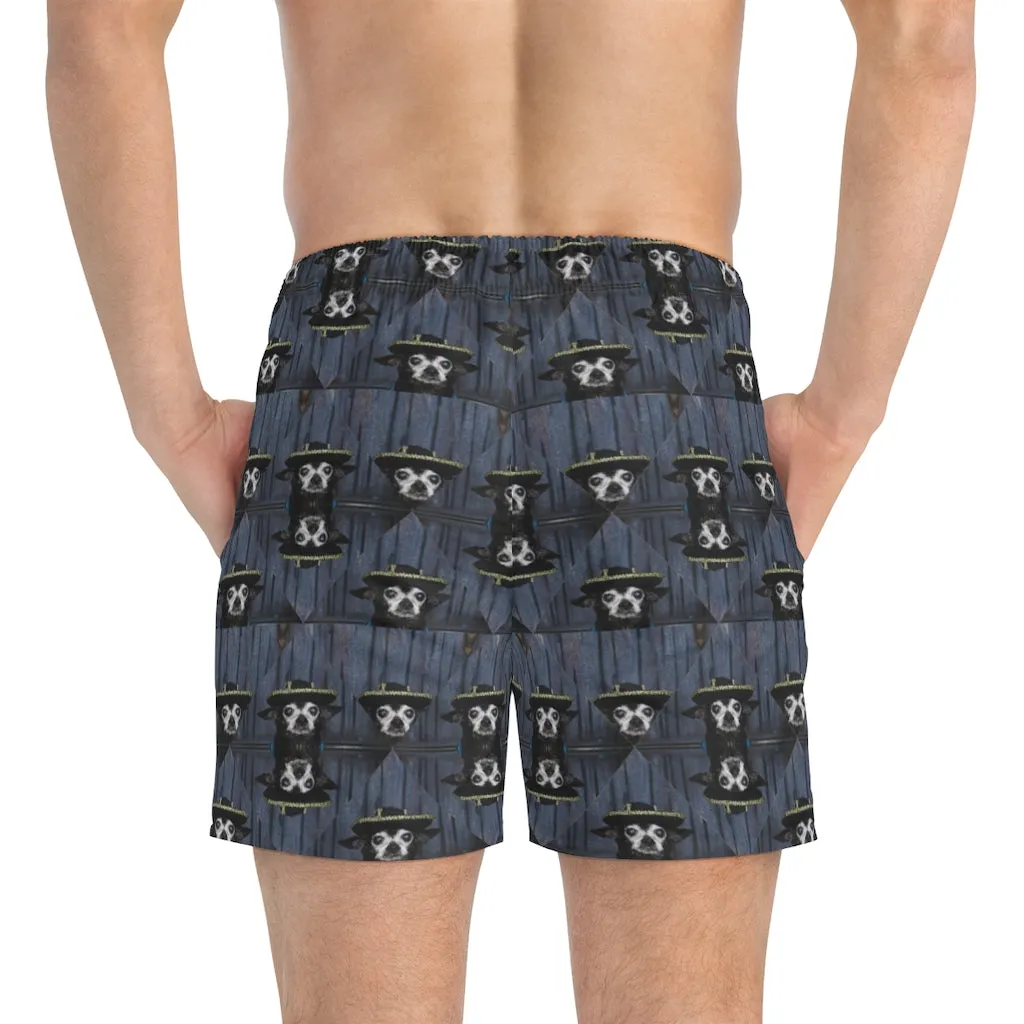 Chihuahua Dachshund Chiweenie with Sherpa and Black Hat Design Printed Men's Swim Trunks