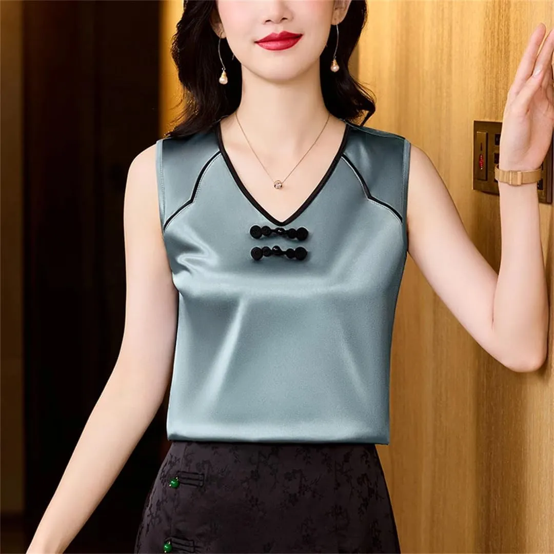 Chinese Style Women Silk Satin Tank Tops Sleeveless Vest Shirt Patchwork Square Neck Camisole
