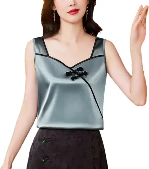 Chinese Style Women Silk Satin Tank Tops Sleeveless Vest Shirt Patchwork Square Neck Camisole