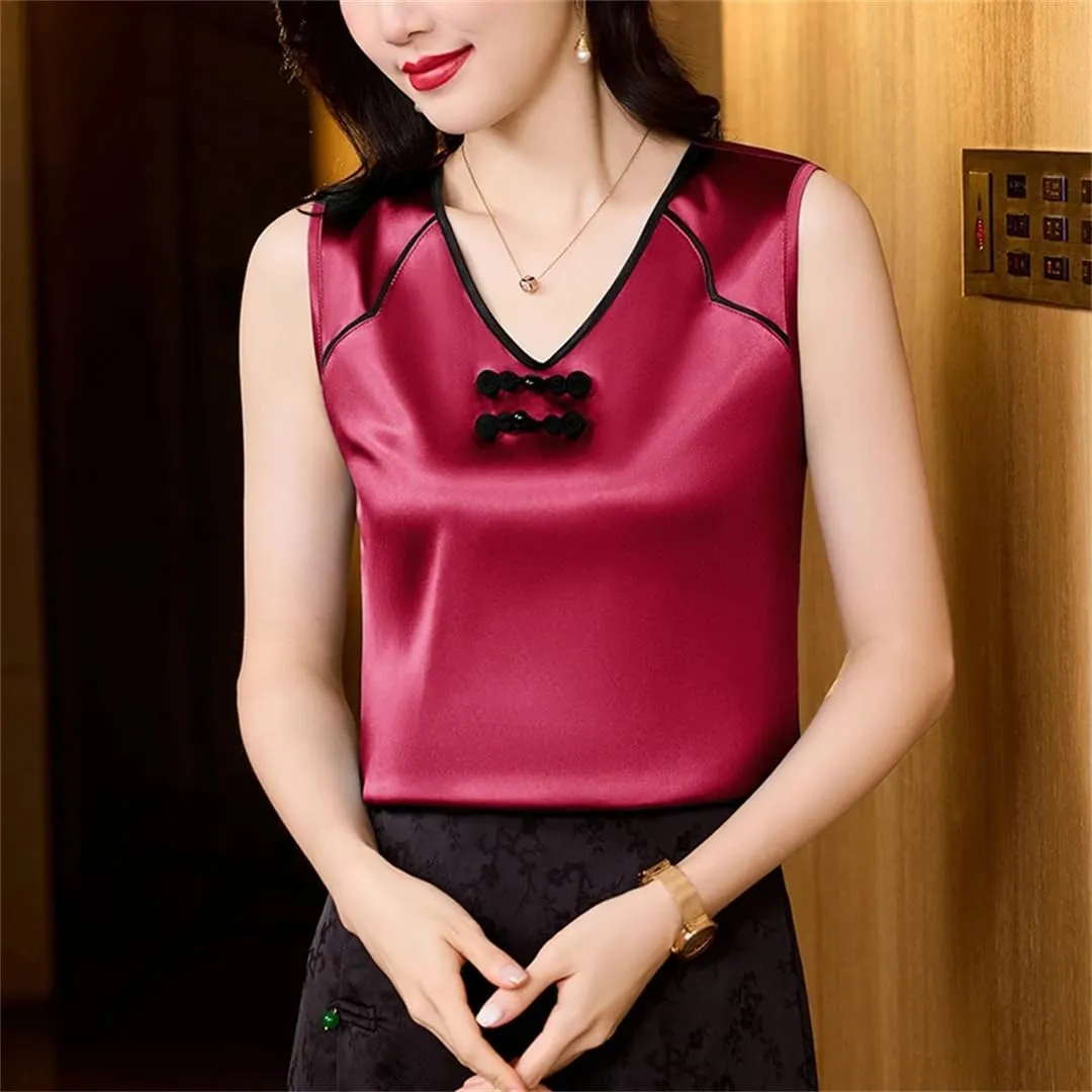 Chinese Style Women Silk Satin Tank Tops Sleeveless Vest Shirt Patchwork Square Neck Camisole
