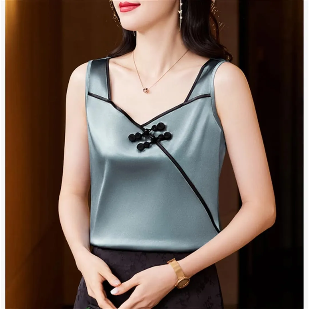 Chinese Style Women Silk Satin Tank Tops Sleeveless Vest Shirt Patchwork Square Neck Camisole