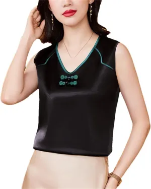 Chinese Style Women Silk Satin Tank Tops Sleeveless Vest Shirt Patchwork Square Neck Camisole