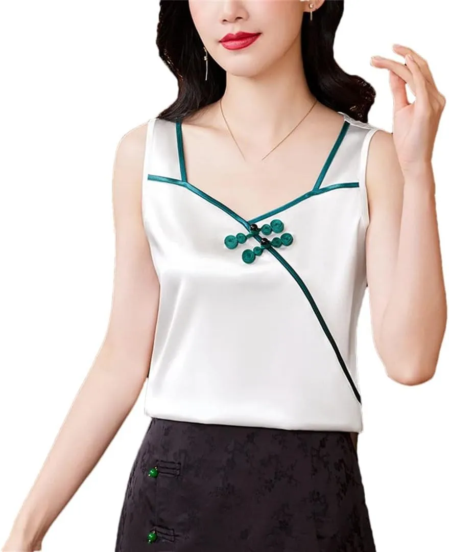 Chinese Style Women Silk Satin Tank Tops Sleeveless Vest Shirt Patchwork Square Neck Camisole