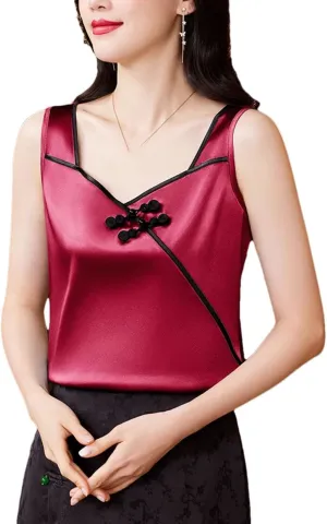 Chinese Style Women Silk Satin Tank Tops Sleeveless Vest Shirt Patchwork Square Neck Camisole