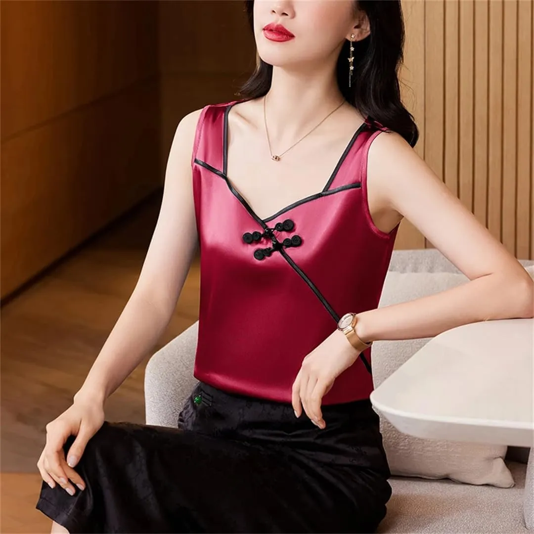 Chinese Style Women Silk Satin Tank Tops Sleeveless Vest Shirt Patchwork Square Neck Camisole