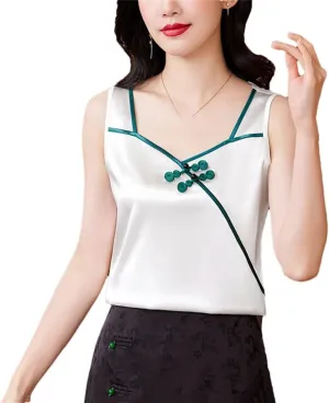 Chinese Style Women Silk Satin Tank Tops Sleeveless Vest Shirt Patchwork Square Neck Camisole