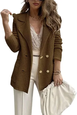 chouyatou Women's Casual Notched Lapel Double Breasted Large Pocket Ribbed Blazer Jacket