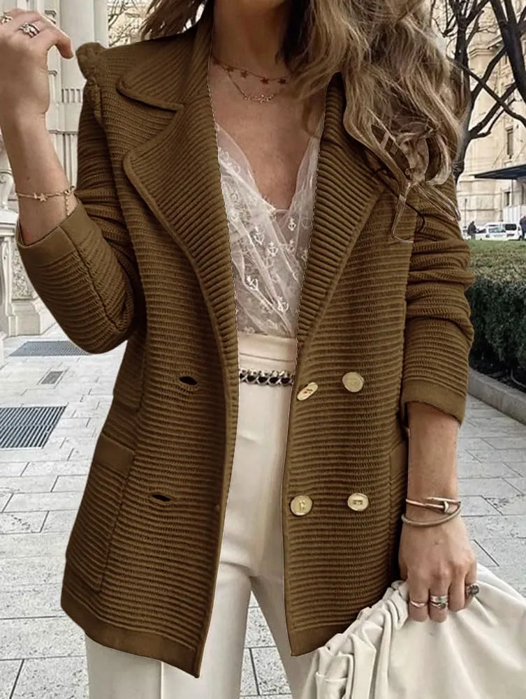 chouyatou Women's Casual Notched Lapel Double Breasted Large Pocket Ribbed Blazer Jacket