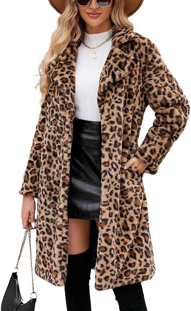 chouyatou Women's Open Front Leopard Print Faux Fur Long Trench Coat Lapel Collar Furry Jacket Coat