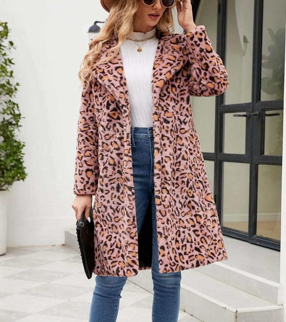 chouyatou Women's Open Front Leopard Print Faux Fur Long Trench Coat Lapel Collar Furry Jacket Coat