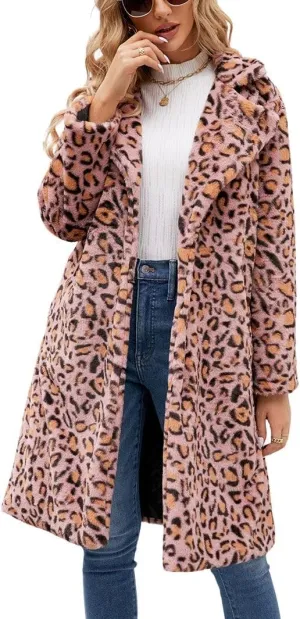 chouyatou Women's Open Front Leopard Print Faux Fur Long Trench Coat Lapel Collar Furry Jacket Coat