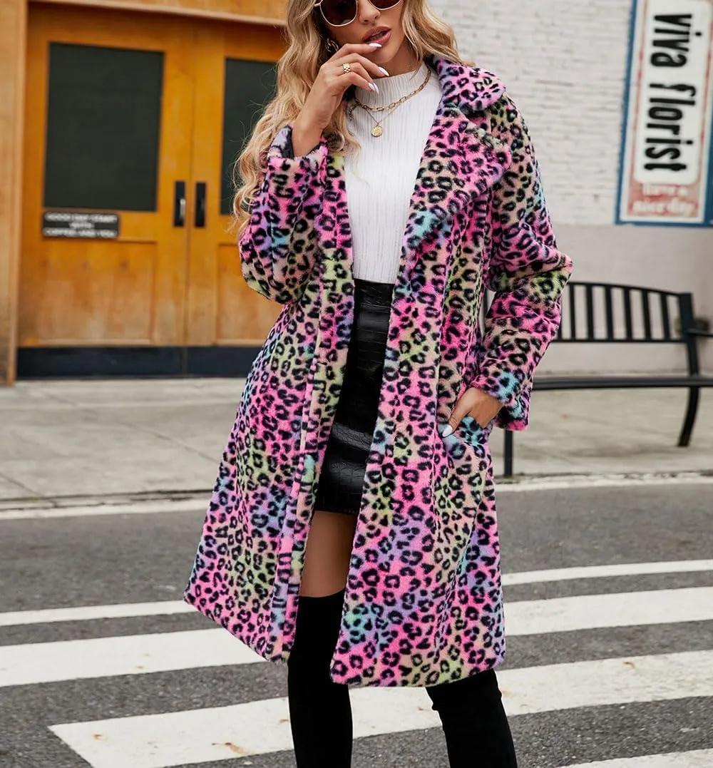 chouyatou Women's Open Front Leopard Print Faux Fur Long Trench Coat Lapel Collar Furry Jacket Coat