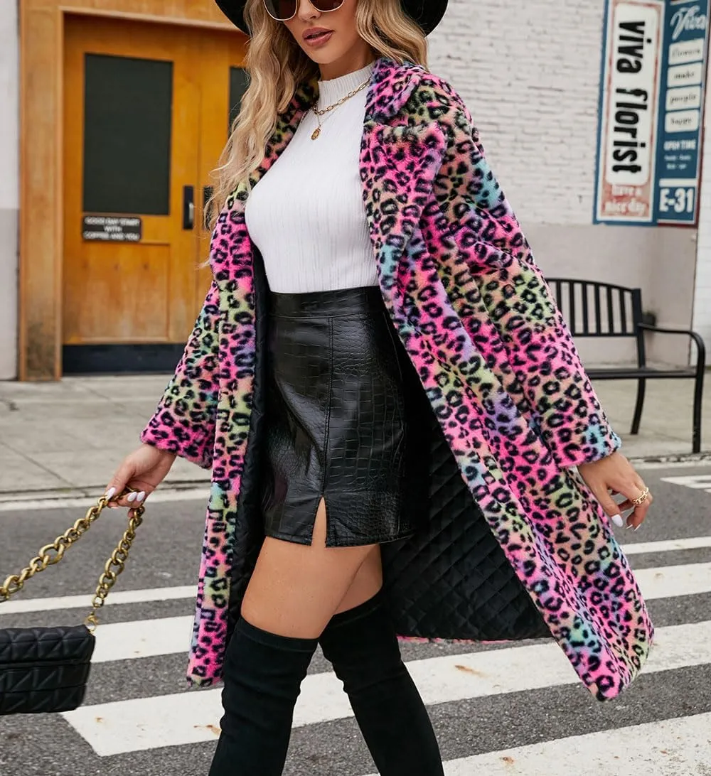 chouyatou Women's Open Front Leopard Print Faux Fur Long Trench Coat Lapel Collar Furry Jacket Coat