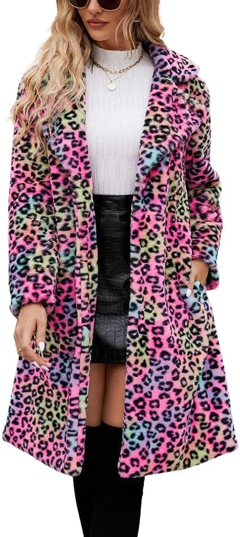 chouyatou Women's Open Front Leopard Print Faux Fur Long Trench Coat Lapel Collar Furry Jacket Coat