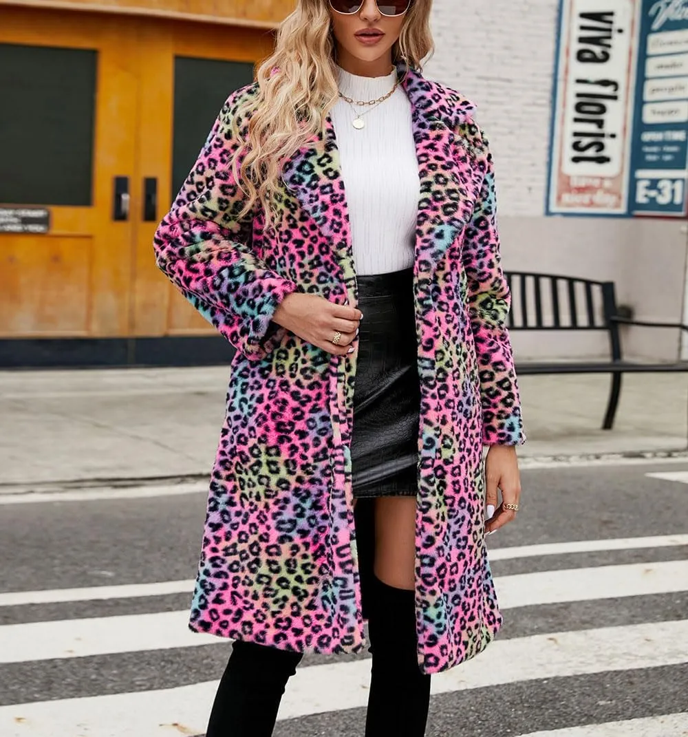 chouyatou Women's Open Front Leopard Print Faux Fur Long Trench Coat Lapel Collar Furry Jacket Coat