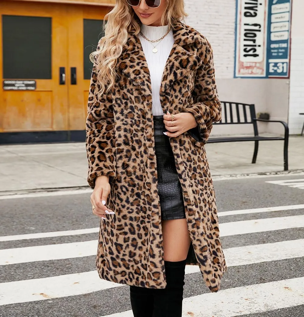 chouyatou Women's Open Front Leopard Print Faux Fur Long Trench Coat Lapel Collar Furry Jacket Coat