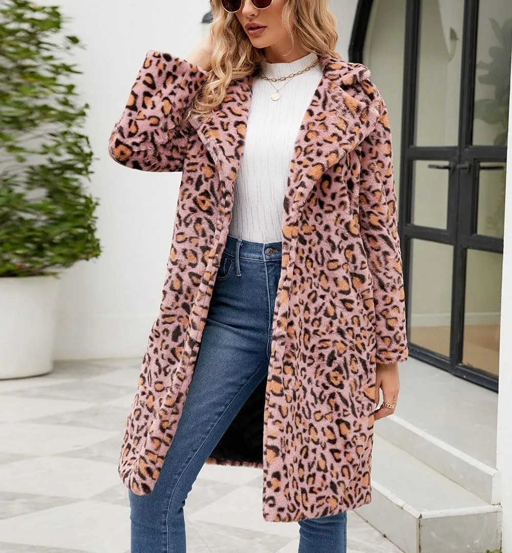 chouyatou Women's Open Front Leopard Print Faux Fur Long Trench Coat Lapel Collar Furry Jacket Coat