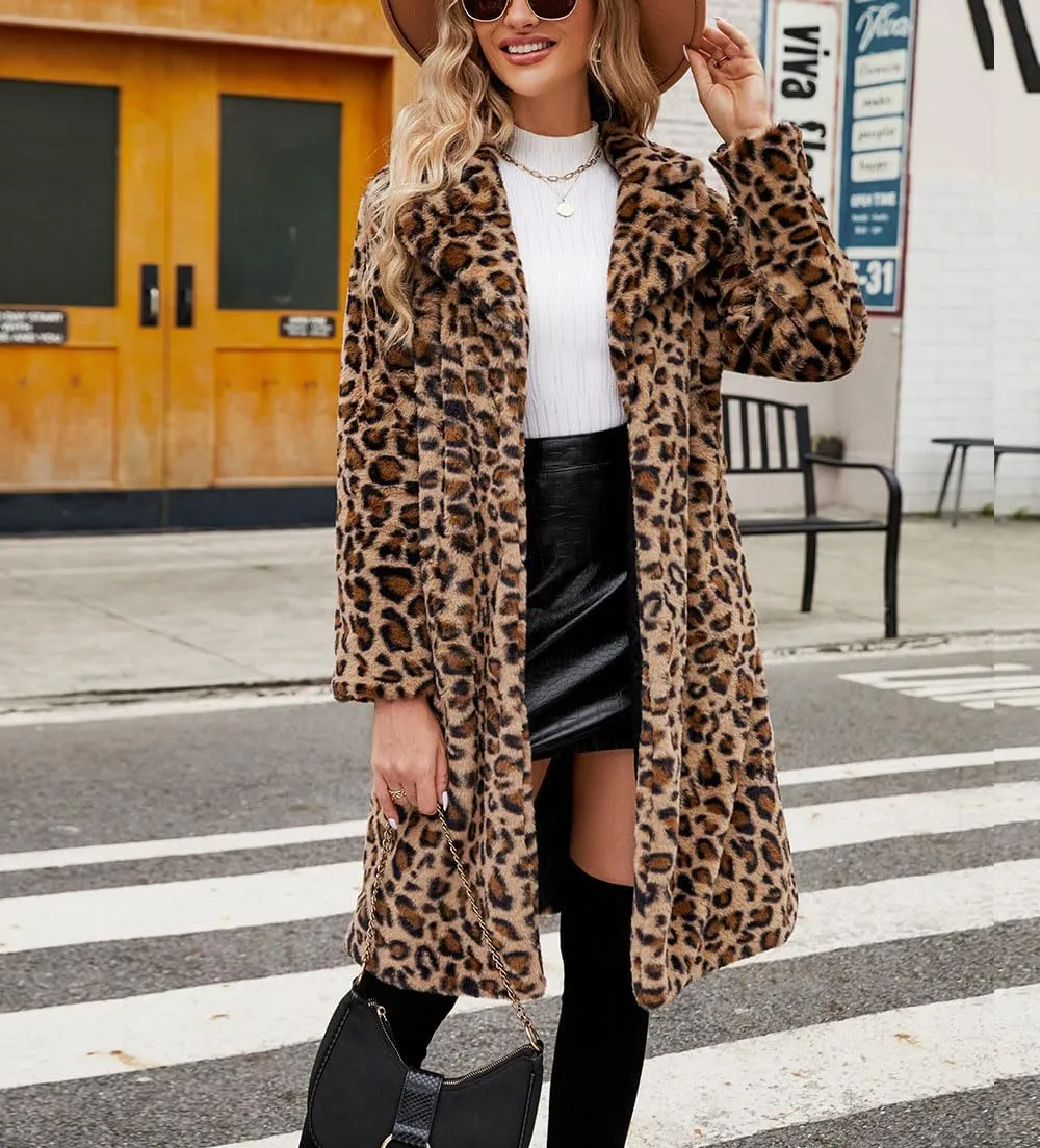 chouyatou Women's Open Front Leopard Print Faux Fur Long Trench Coat Lapel Collar Furry Jacket Coat
