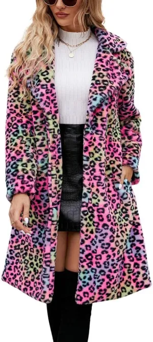 chouyatou Women's Open Front Leopard Print Faux Fur Long Trench Coat Lapel Collar Furry Jacket Coat