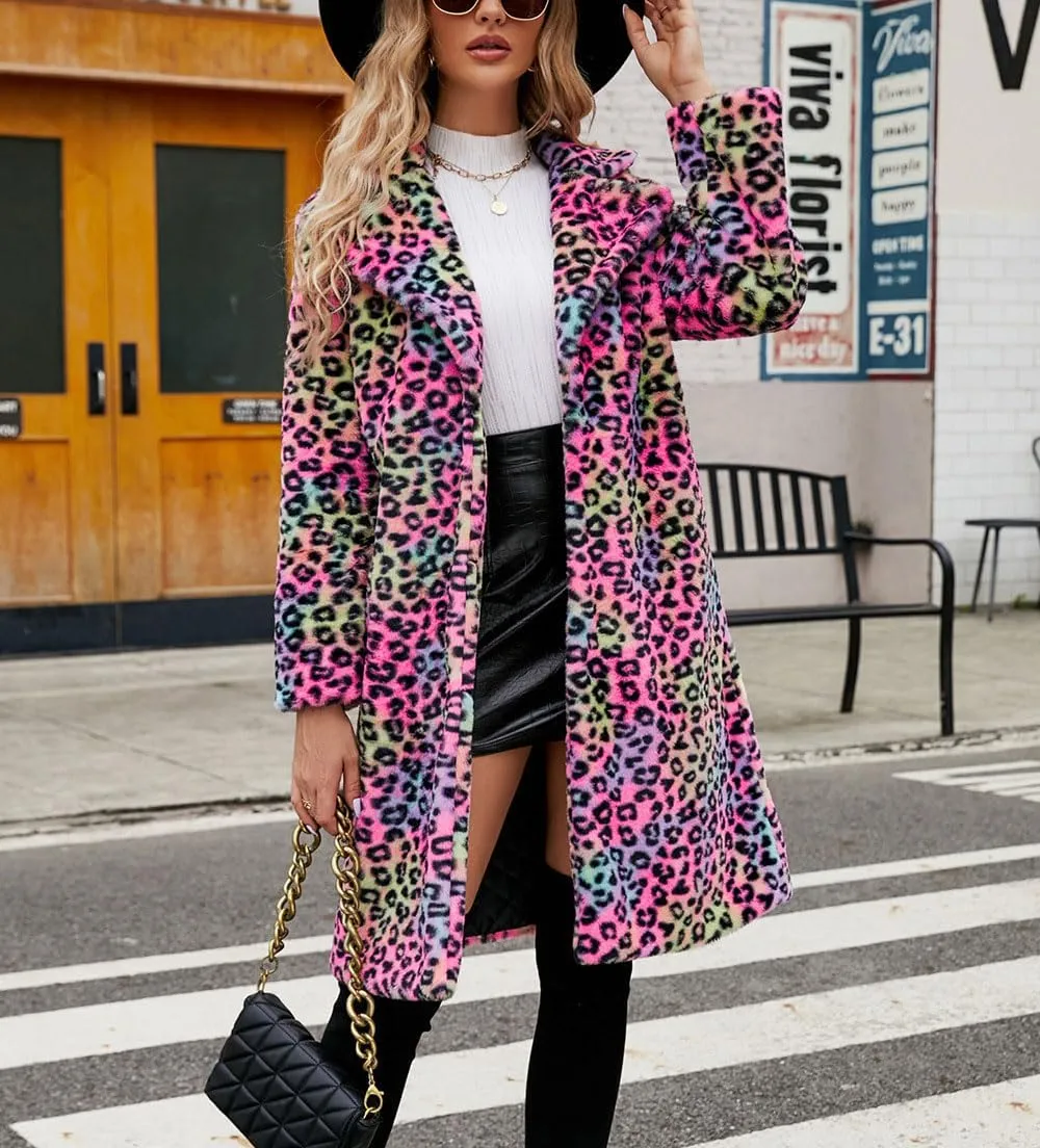 chouyatou Women's Open Front Leopard Print Faux Fur Long Trench Coat Lapel Collar Furry Jacket Coat