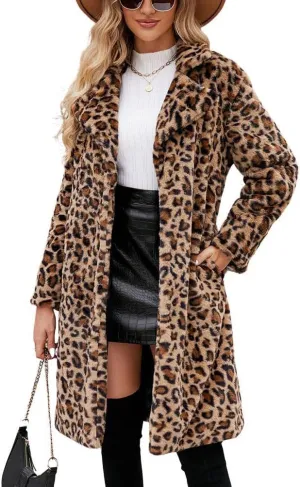 chouyatou Women's Open Front Leopard Print Faux Fur Long Trench Coat Lapel Collar Furry Jacket Coat