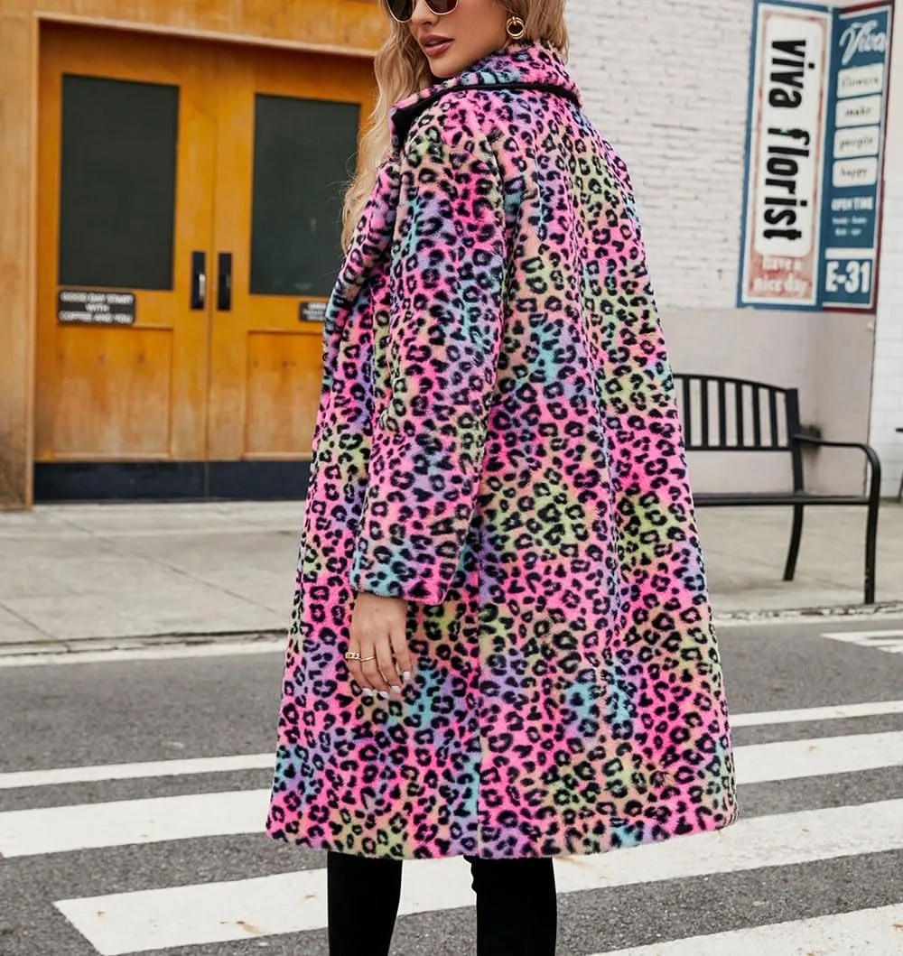 chouyatou Women's Open Front Leopard Print Faux Fur Long Trench Coat Lapel Collar Furry Jacket Coat