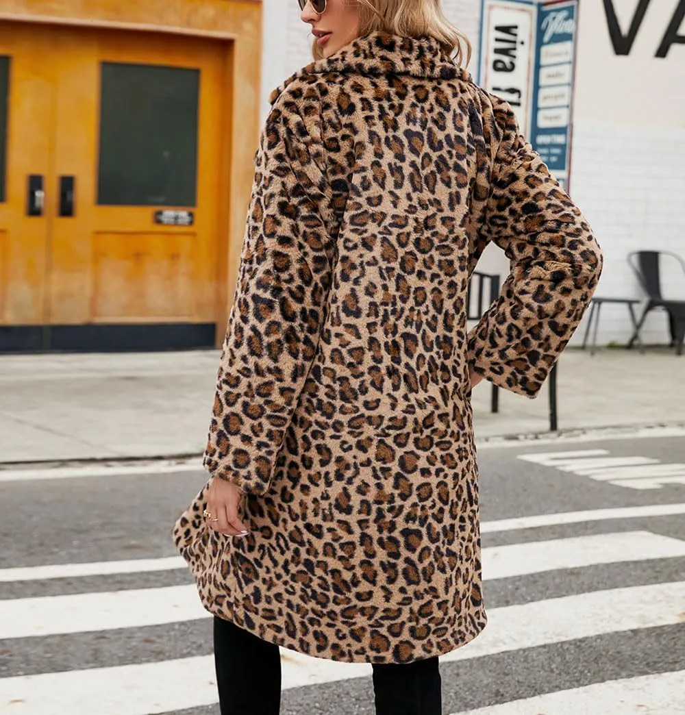 chouyatou Women's Open Front Leopard Print Faux Fur Long Trench Coat Lapel Collar Furry Jacket Coat