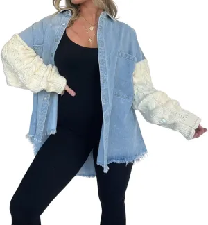 chouyatou Women's Y2K Cable Knitted Long Sleeve Button Down Denim Jacket Color Block Patchwork Jean Jacket