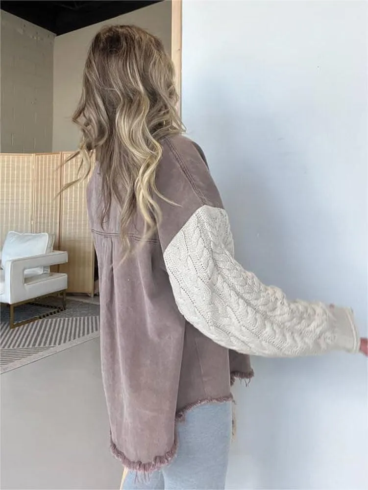 chouyatou Women's Y2K Cable Knitted Long Sleeve Button Down Denim Jacket Color Block Patchwork Jean Jacket