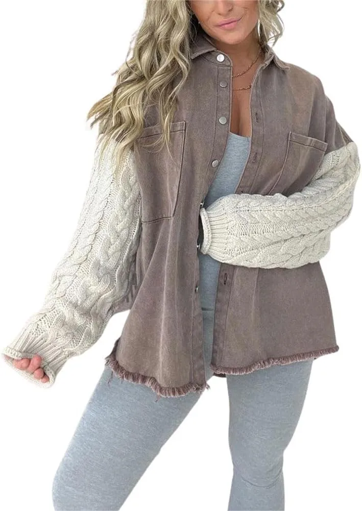 chouyatou Women's Y2K Cable Knitted Long Sleeve Button Down Denim Jacket Color Block Patchwork Jean Jacket