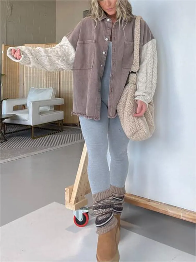 chouyatou Women's Y2K Cable Knitted Long Sleeve Button Down Denim Jacket Color Block Patchwork Jean Jacket
