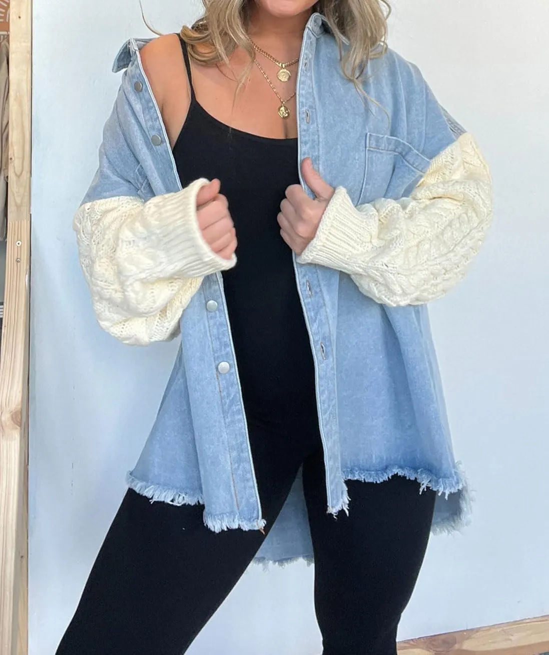 chouyatou Women's Y2K Cable Knitted Long Sleeve Button Down Denim Jacket Color Block Patchwork Jean Jacket