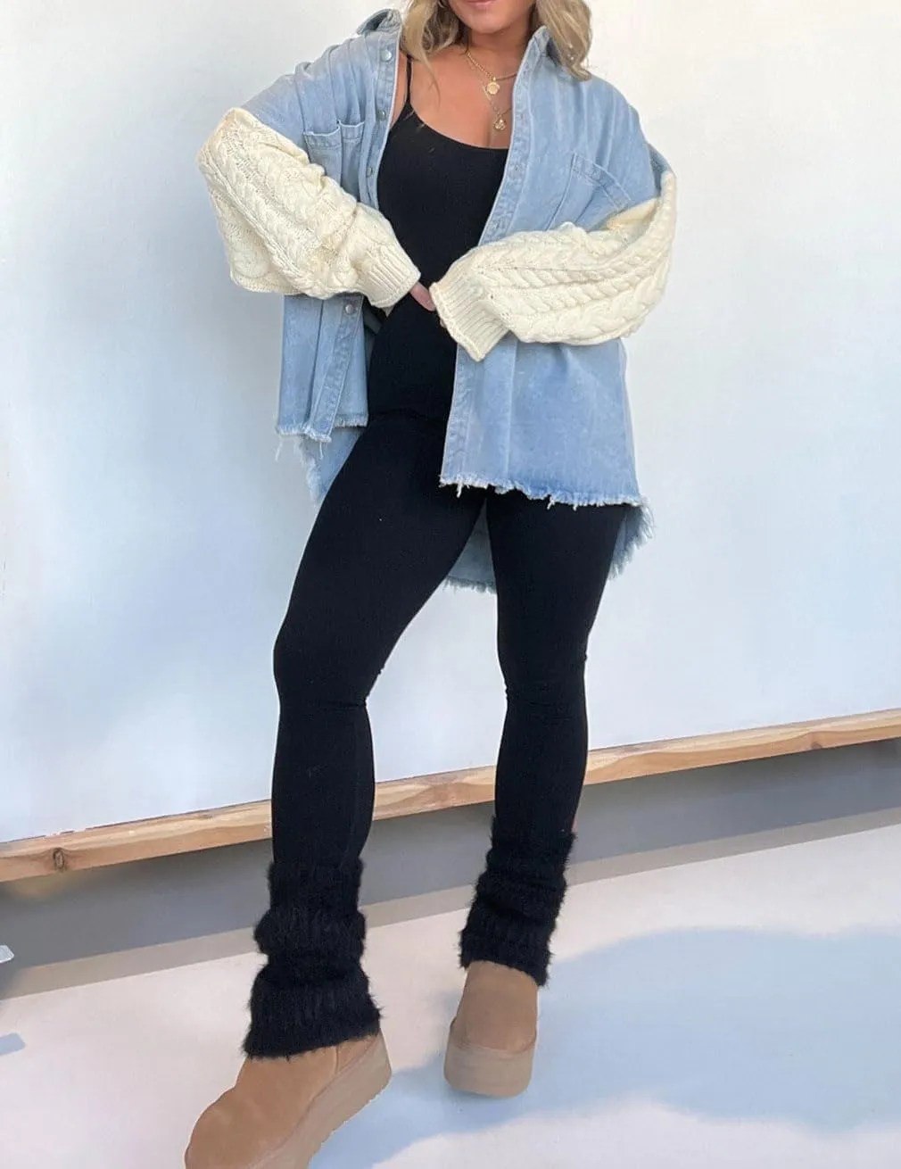 chouyatou Women's Y2K Cable Knitted Long Sleeve Button Down Denim Jacket Color Block Patchwork Jean Jacket