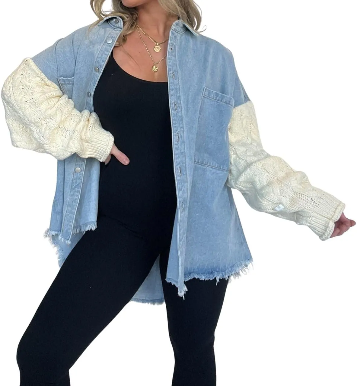 chouyatou Women's Y2K Cable Knitted Long Sleeve Button Down Denim Jacket Color Block Patchwork Jean Jacket