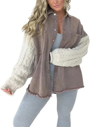 chouyatou Women's Y2K Cable Knitted Long Sleeve Button Down Denim Jacket Color Block Patchwork Jean Jacket