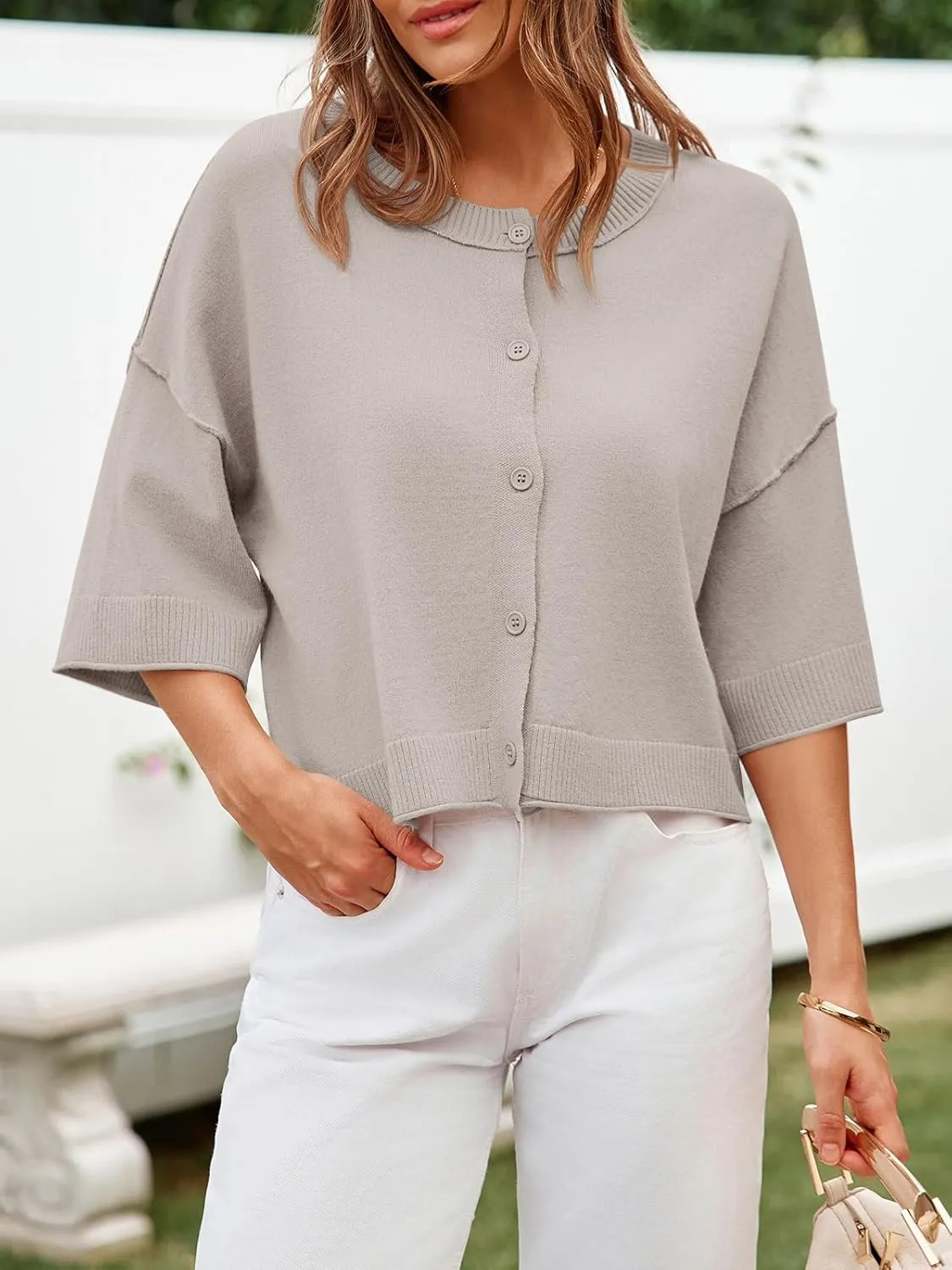 Cicy Bell Womens Half Sleeve Cardigan Sweaters Cropped Button Down Tops Oversized Lightweight Ribbed Knit Summer Outfits