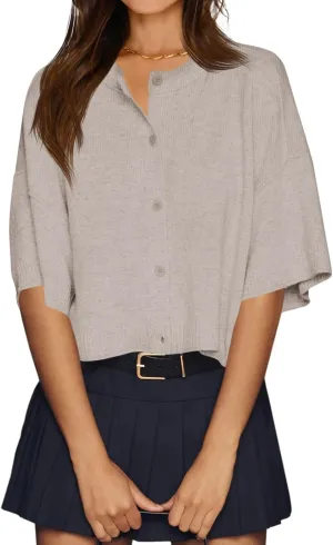 Cicy Bell Womens Half Sleeve Cardigan Sweaters Cropped Button Down Tops Oversized Lightweight Ribbed Knit Summer Outfits