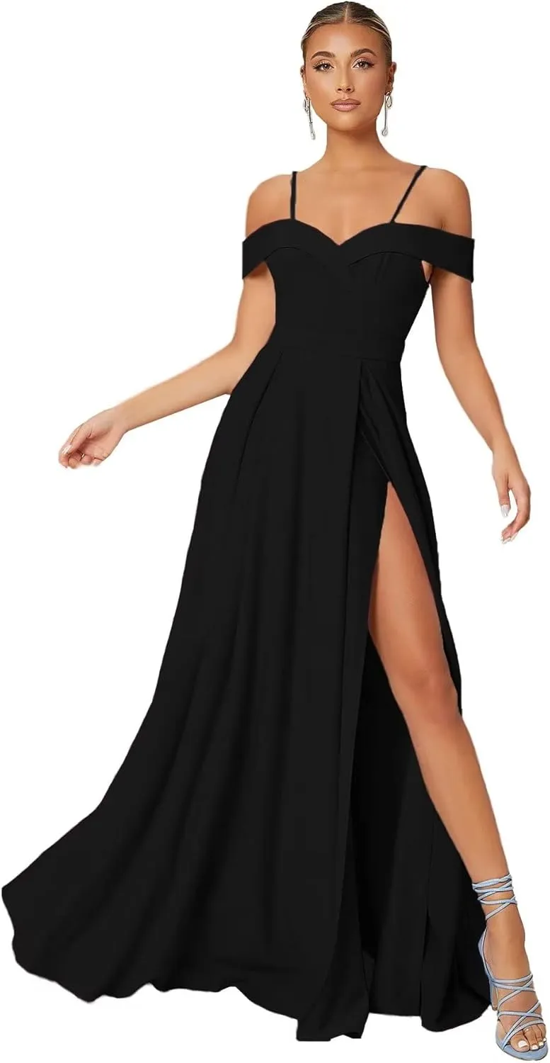 Cold Shoulder Chiffon Bridesmaids Dresses Long Slit Formal Party Dress for Junior Pleated Prom Evening Gowns Strappy DR0085