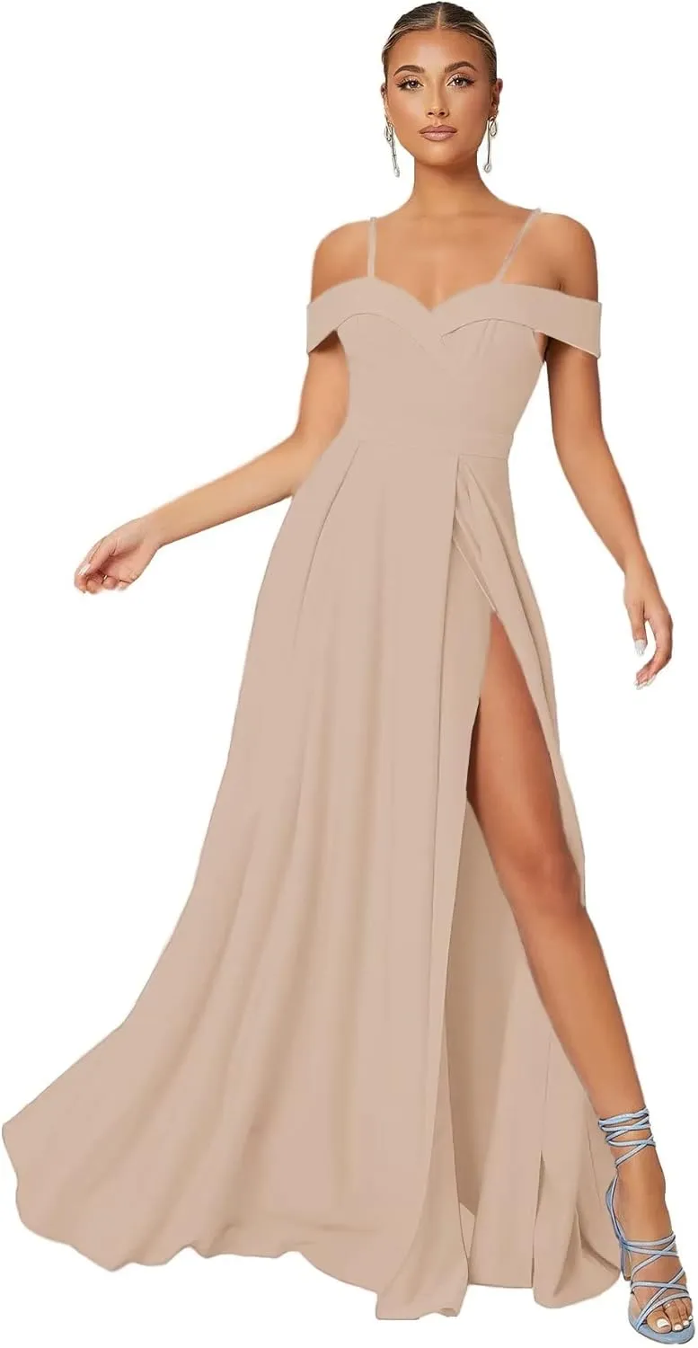 Cold Shoulder Chiffon Bridesmaids Dresses Long Slit Formal Party Dress for Junior Pleated Prom Evening Gowns Strappy DR0085