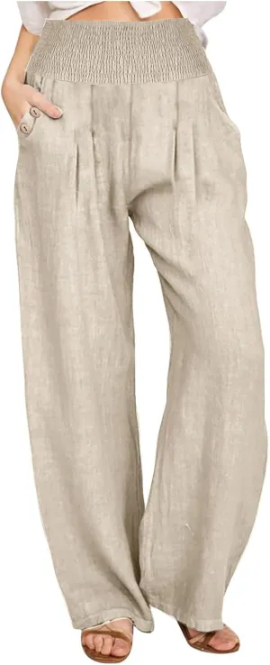 Cotton and Linen Pants for Womens High Waist Stretch Soft Pleated Trousers Summer Beach Lounge Pant with Pockets