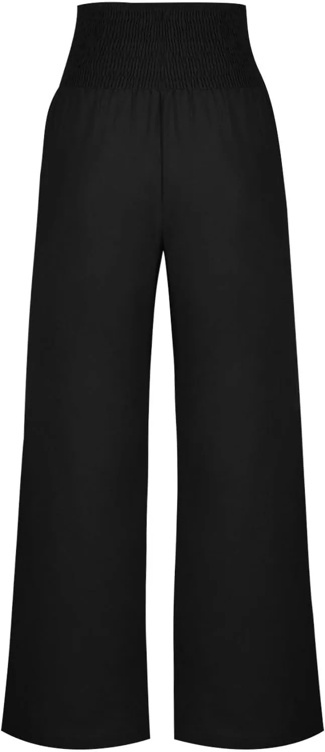 Cotton and Linen Pants for Womens High Waist Stretch Soft Pleated Trousers Summer Beach Lounge Pant with Pockets