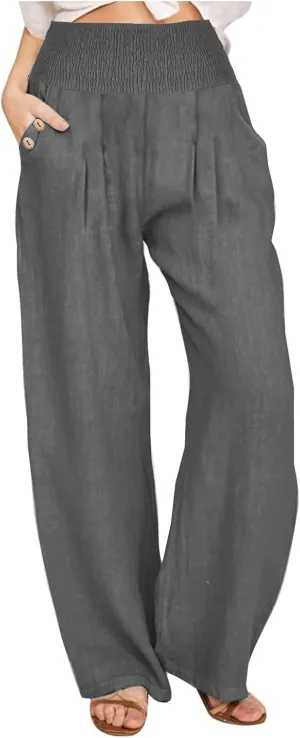 Cotton and Linen Pants for Womens High Waist Stretch Soft Pleated Trousers Summer Beach Lounge Pant with Pockets