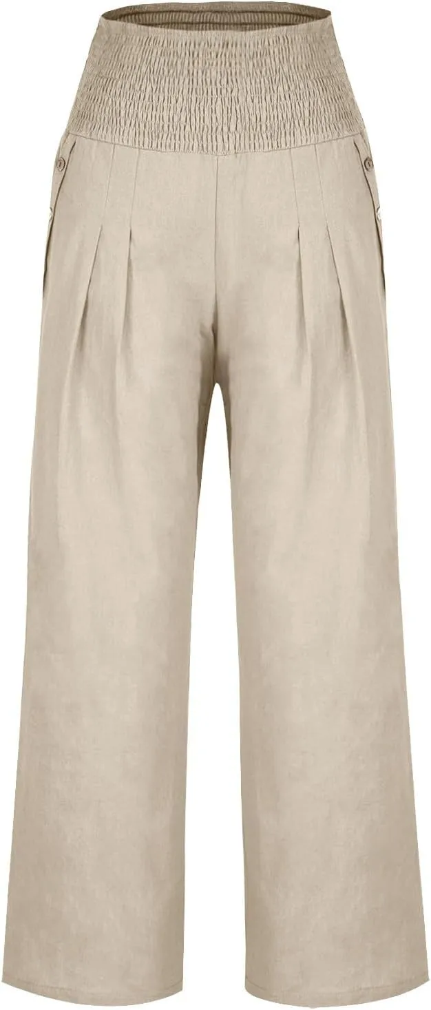 Cotton and Linen Pants for Womens High Waist Stretch Soft Pleated Trousers Summer Beach Lounge Pant with Pockets