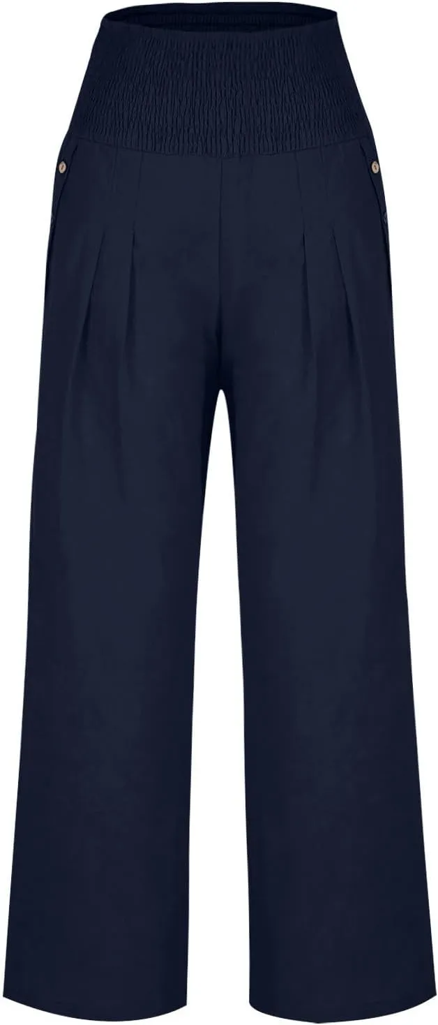 Cotton and Linen Pants for Womens High Waist Stretch Soft Pleated Trousers Summer Beach Lounge Pant with Pockets