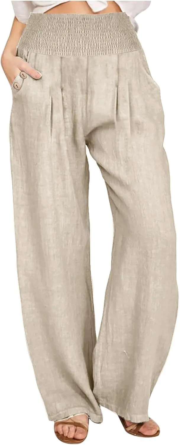 Cotton and Linen Pants for Womens High Waist Stretch Soft Pleated Trousers Summer Beach Lounge Pant with Pockets