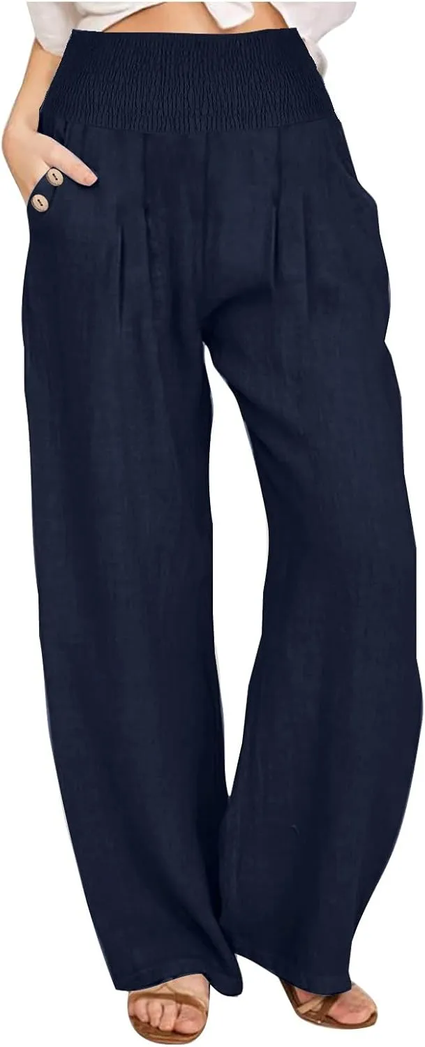 Cotton and Linen Pants for Womens High Waist Stretch Soft Pleated Trousers Summer Beach Lounge Pant with Pockets