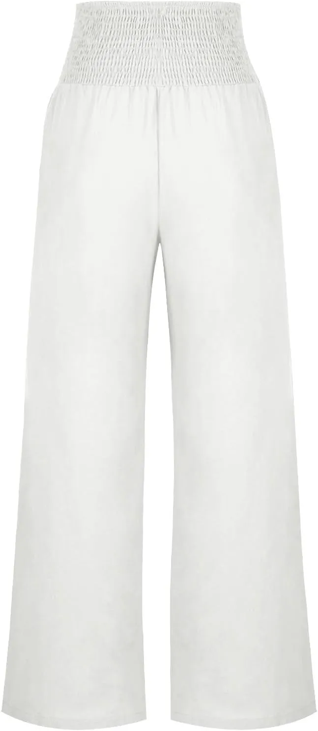 Cotton and Linen Pants for Womens High Waist Stretch Soft Pleated Trousers Summer Beach Lounge Pant with Pockets