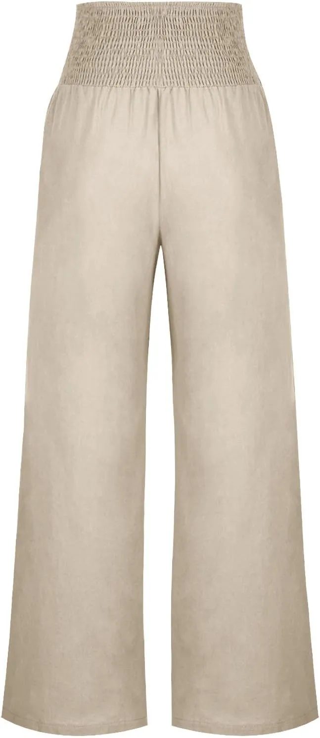 Cotton and Linen Pants for Womens High Waist Stretch Soft Pleated Trousers Summer Beach Lounge Pant with Pockets