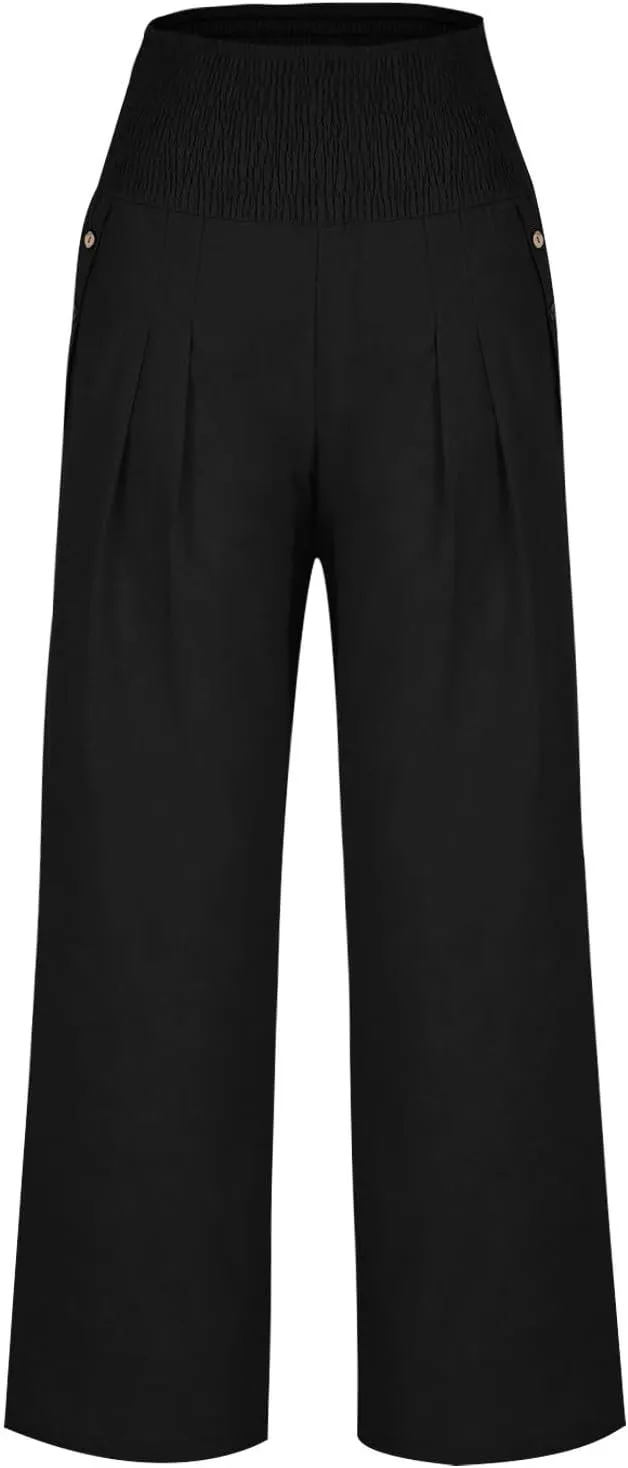 Cotton and Linen Pants for Womens High Waist Stretch Soft Pleated Trousers Summer Beach Lounge Pant with Pockets